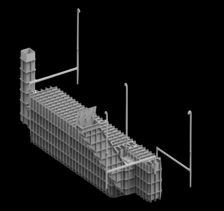 Schron modułowy – przykład rozbudowanego układu z pionami i elementami instalacyjnymi